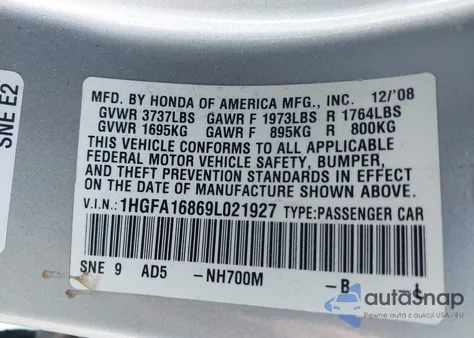 2009 Honda Civic Ex z USA, uszkodzony, nr VIN 1HGFA16869L021927